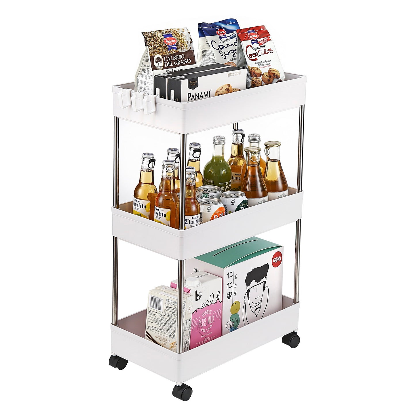 3-Layer Mobile Multi-functional Storage Cart,Suitable for Kitchen, Bathroom, Laundry Room Narrow Place, Plastic and Stainless Steel, White