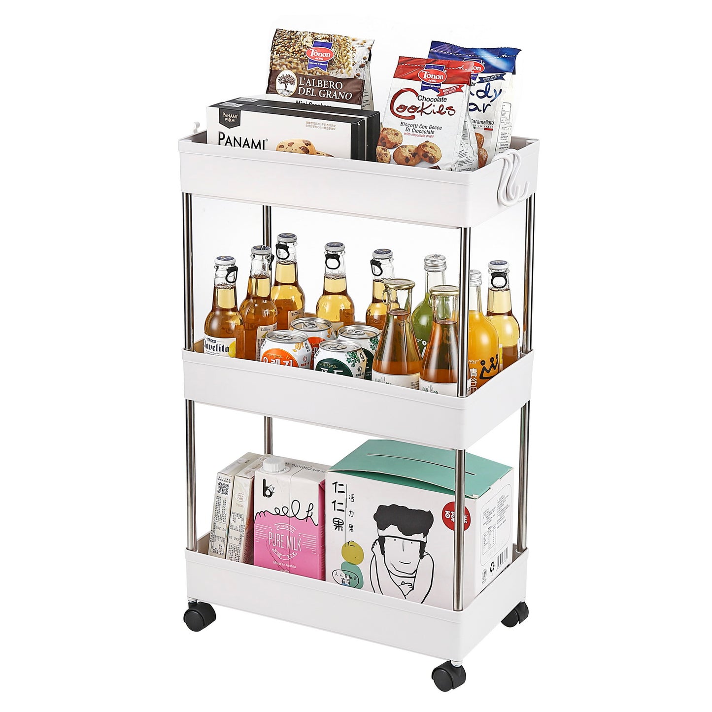 3-Layer Mobile Multi-functional Storage Cart,Suitable for Kitchen, Bathroom, Laundry Room Narrow Place, Plastic and Stainless Steel, White