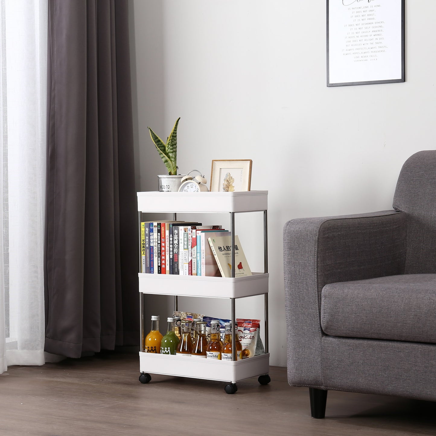3-Layer Mobile Multi-functional Storage Cart,Suitable for Kitchen, Bathroom, Laundry Room Narrow Place, Plastic and Stainless Steel, White