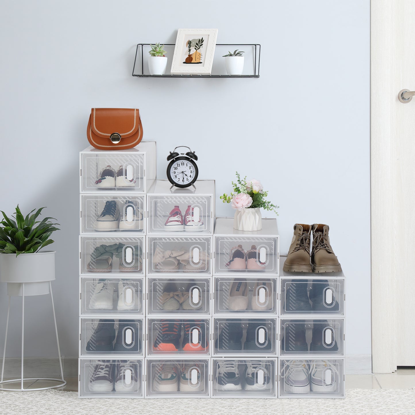 Shoe Storage Boxes 18 Pack Clear Plastic Stackable - White