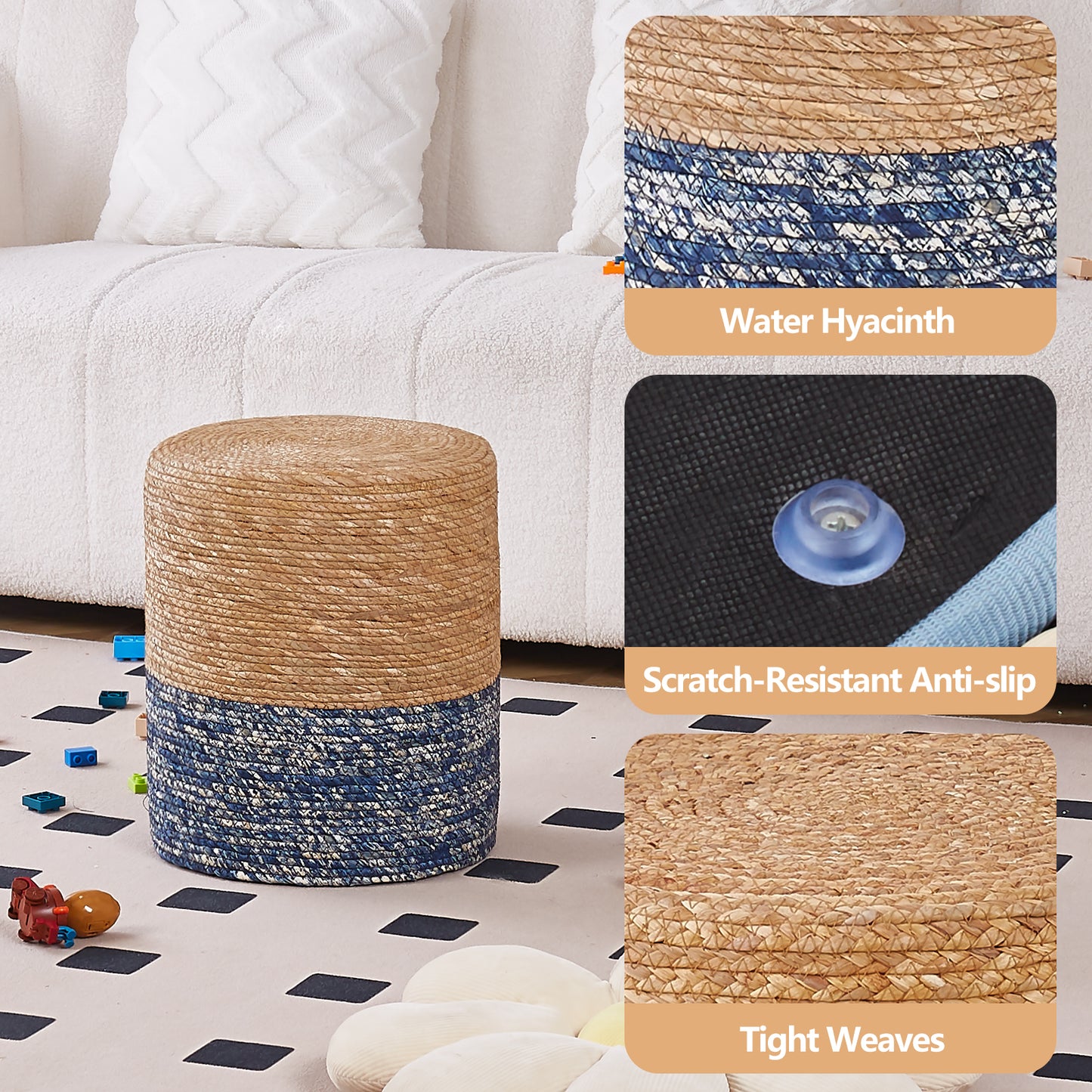 Ottoman Poof, Natural Seagrass Poufs, Hand Weave Round Footstool, Pouffe Accent Chair, Sitting Braided Footrest W/Jute Cover, Home Decorative Seat, Boho Chair for Living Room, Bedroom