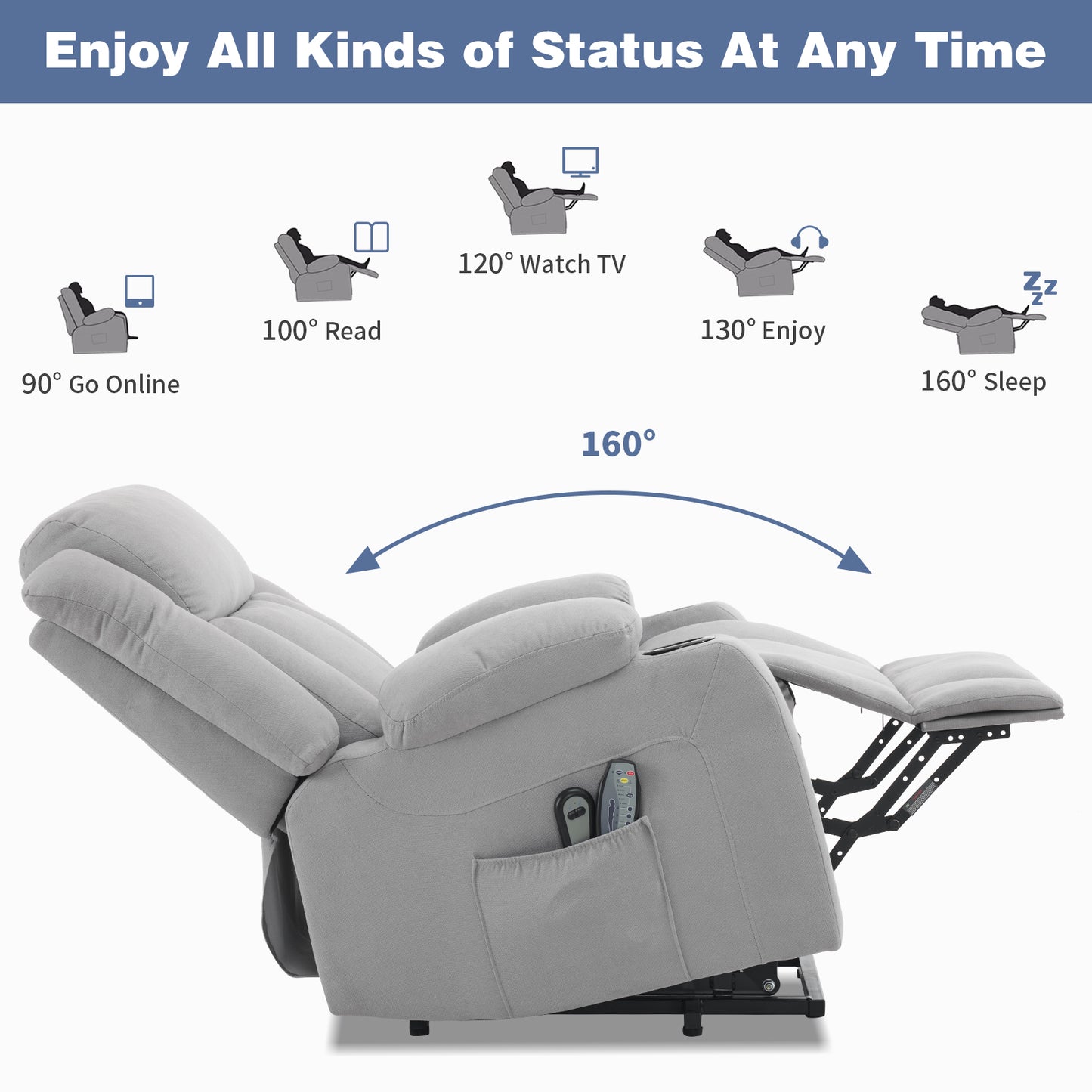 1pcs grey fabric electric elderly chair with 8-point massage belt heating 120kg indoor functional chair, UK